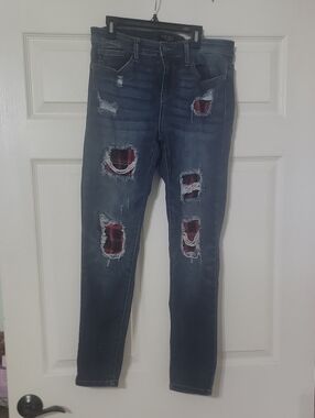 Judy Blue Dark Blue Skinny Jeans with Red Plaid Patch Details